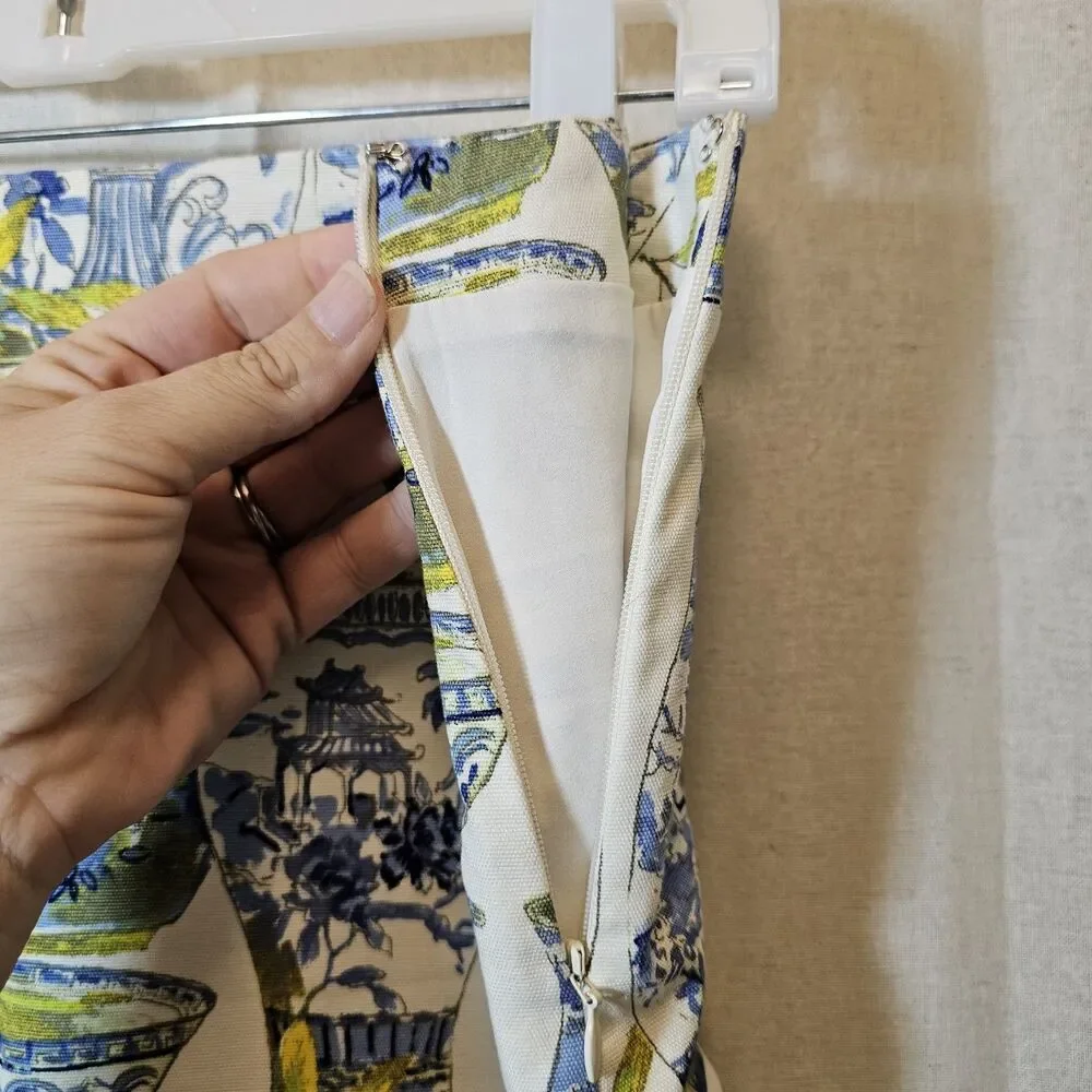 Talbots Mini Skirt Watercolor Chinoiserie Blue White Green Lined Women's Size 4 - Picture 3 of 9
